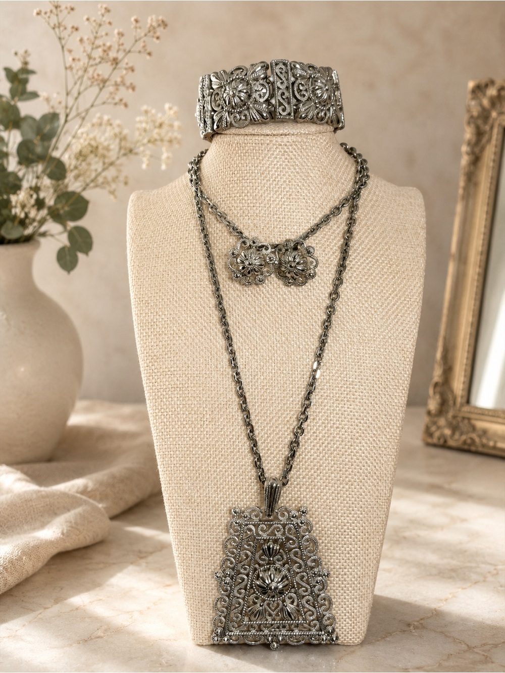 Trifari vintage Intricate Silver-Tone Filigree set